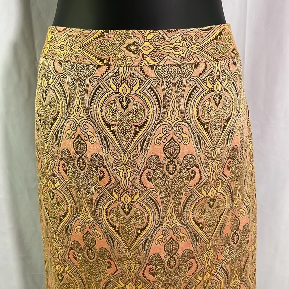 Talbots Pink Yellow & Metallic Gold Jacquard Print Silk Blend Pencil Skirt